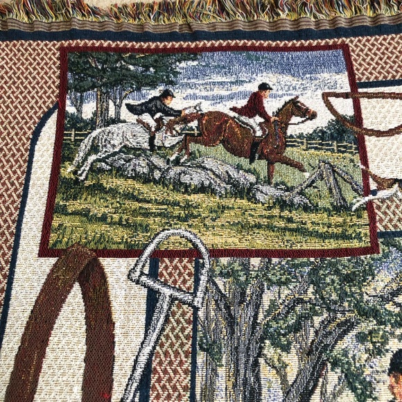 Tapestry Throw Blanket Equestrian Horses Riders Dogs Fox Hunt 48" X 58” - Picture 4 of 9